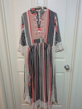 Embroidered Coral, Black & White Striped Maxi Dress